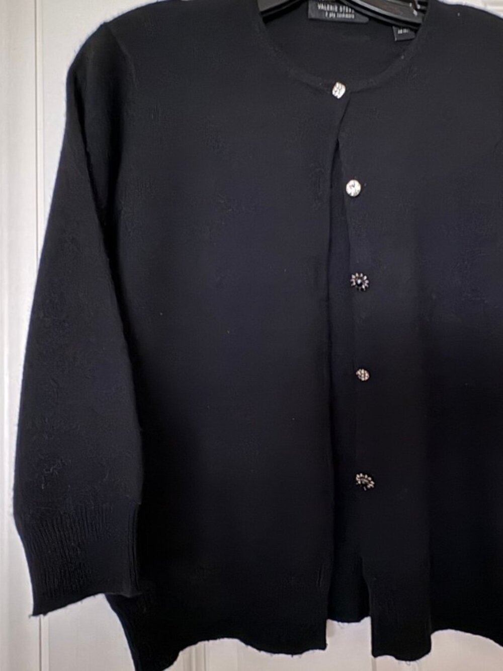 Black 2-Ply 100% CASHMERE Cardigan with Jet Black & Rhinestone Novelty Button